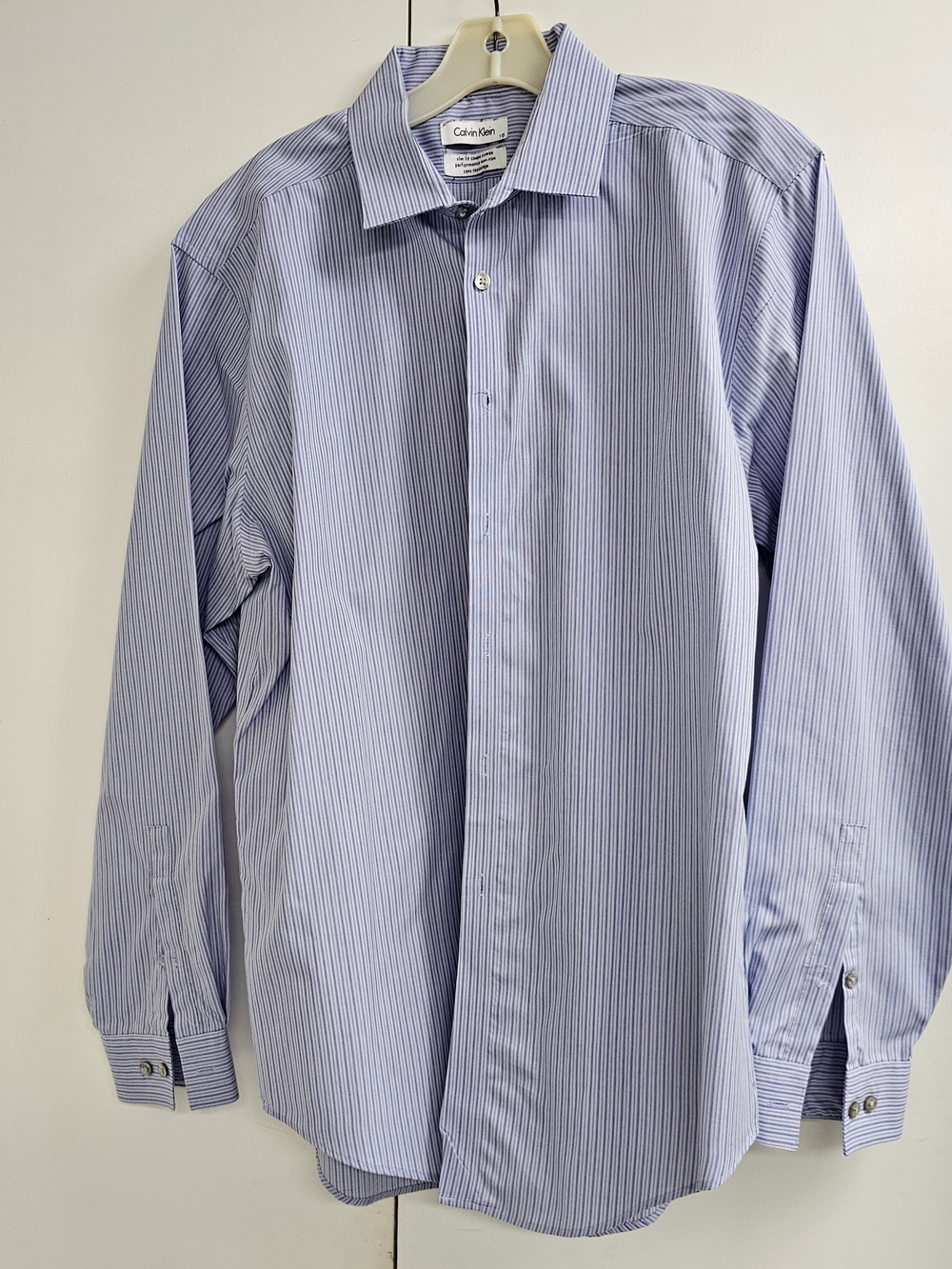 Calvin Klein Light Blue and White Thin-Striped Dress Shirt